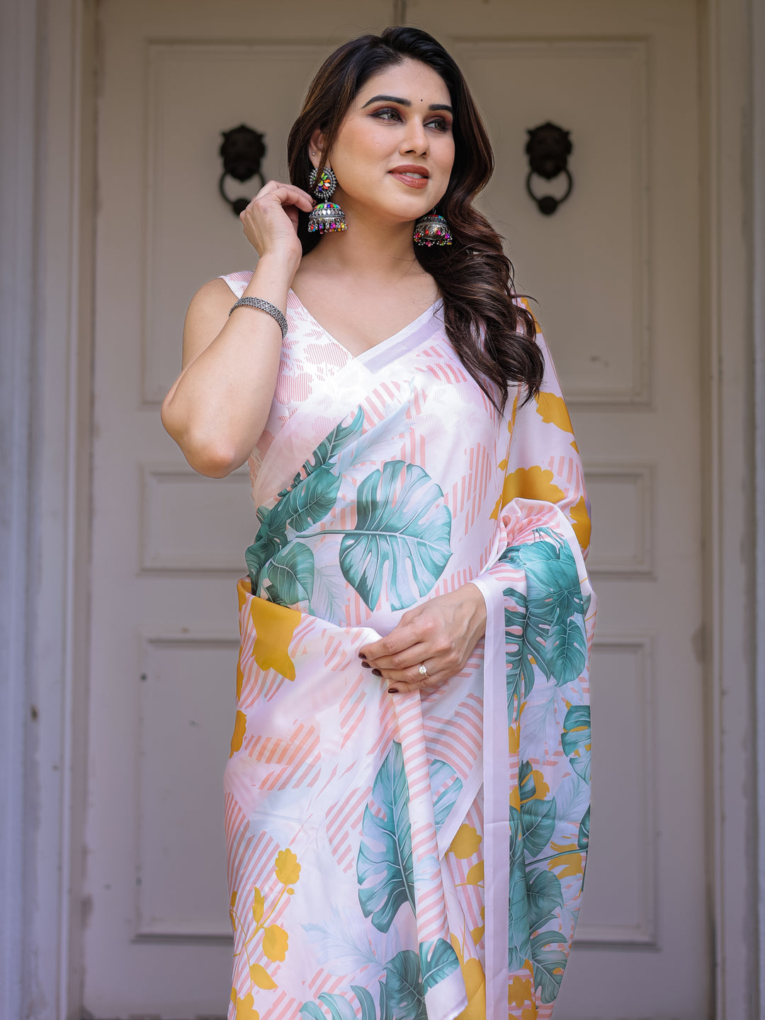 White Tropical Leaf Printed Satin Georgette Saree with Matching Blouse – Fresh Summer Party & Day Wear