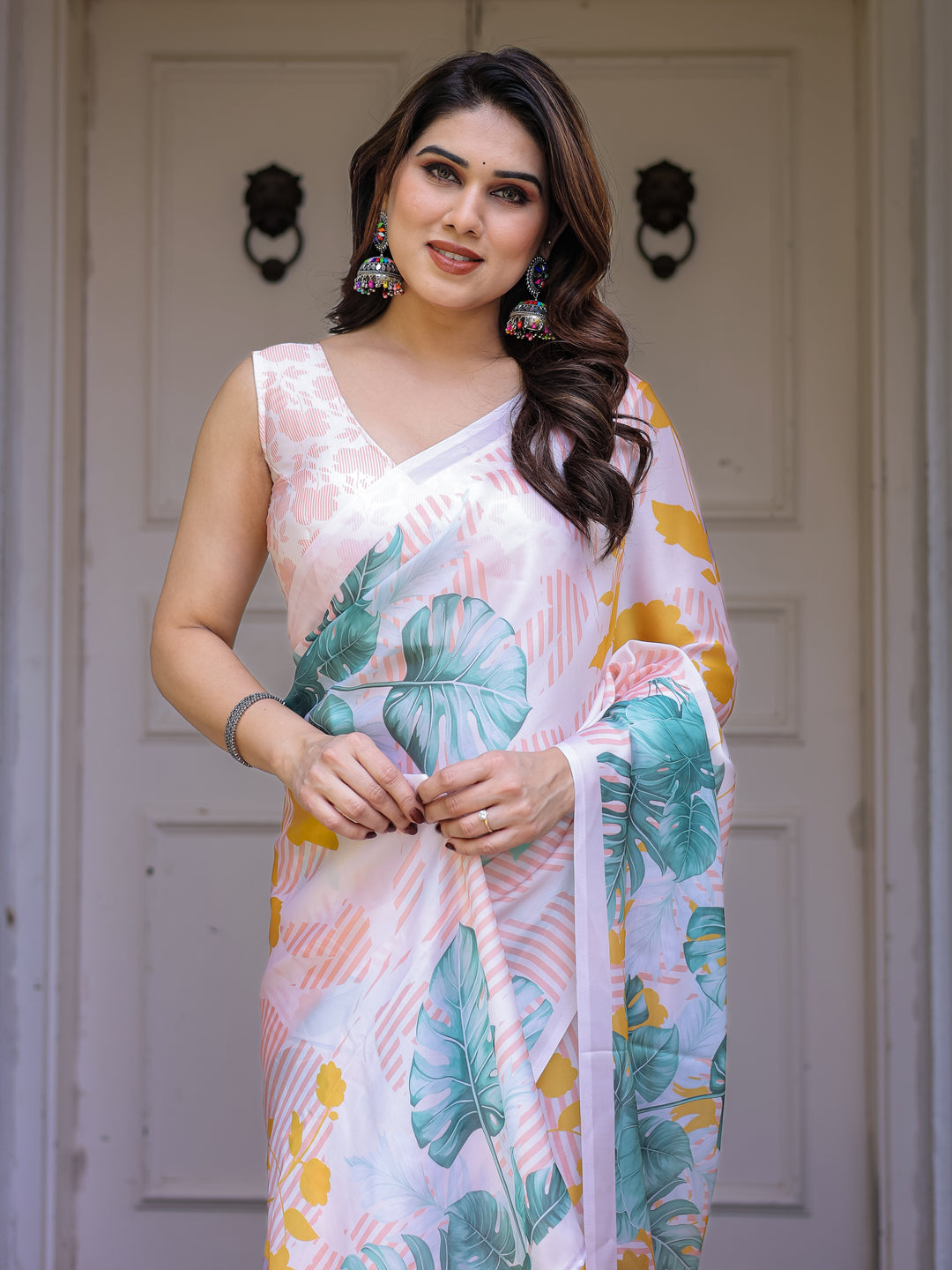 White Tropical Leaf Printed Satin Georgette Saree with Matching Blouse – Fresh Summer Party & Day Wear