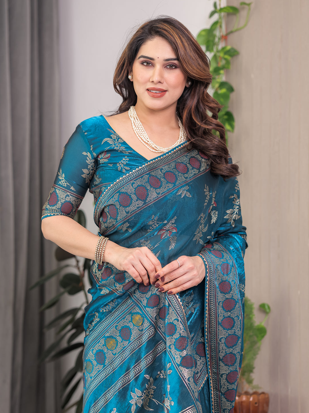 Elegant Teal Blue Fendi Satin Block & Foil Print Saree with Floral Motifs, Attached Blouse & Tassel Pallu