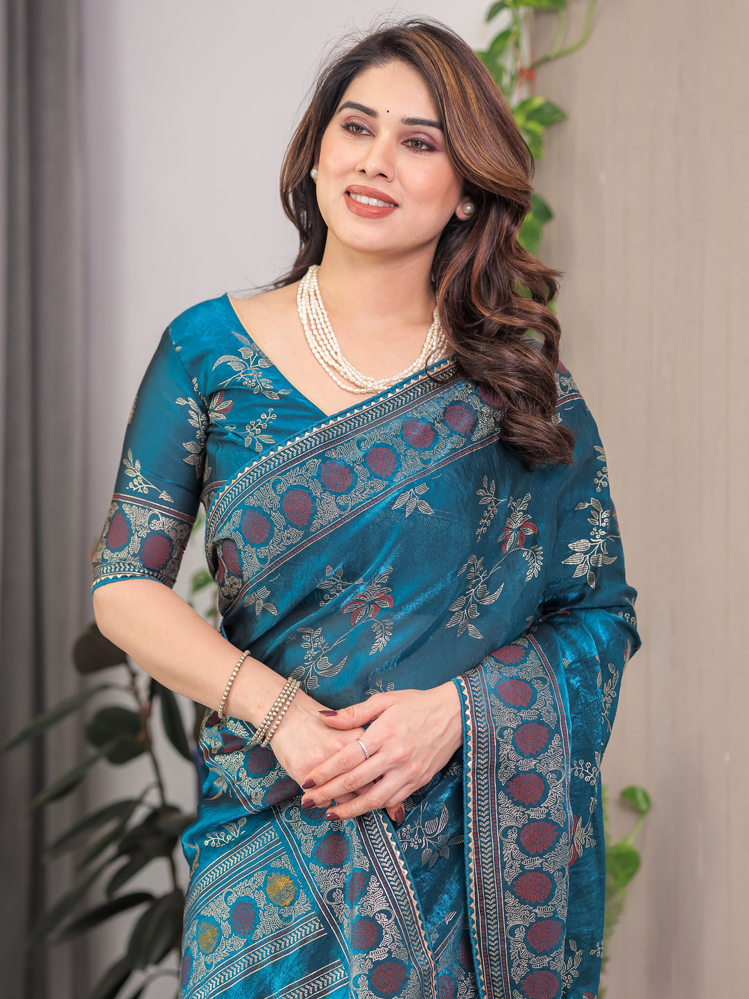 Elegant Teal Blue Fendi Satin Block & Foil Print Saree with Floral Motifs, Attached Blouse & Tassel Pallu