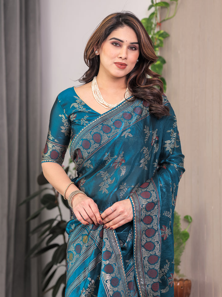 Elegant Teal Blue Fendi Satin Block & Foil Print Saree with Floral Motifs, Attached Blouse & Tassel Pallu