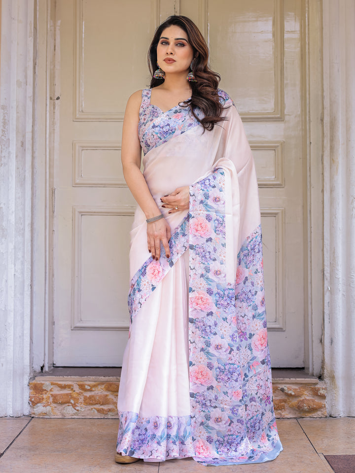 Blush Pink Floral Printed Satin Georgette Saree with Matching Blouse – Soft Elegant Festive & Party Wear