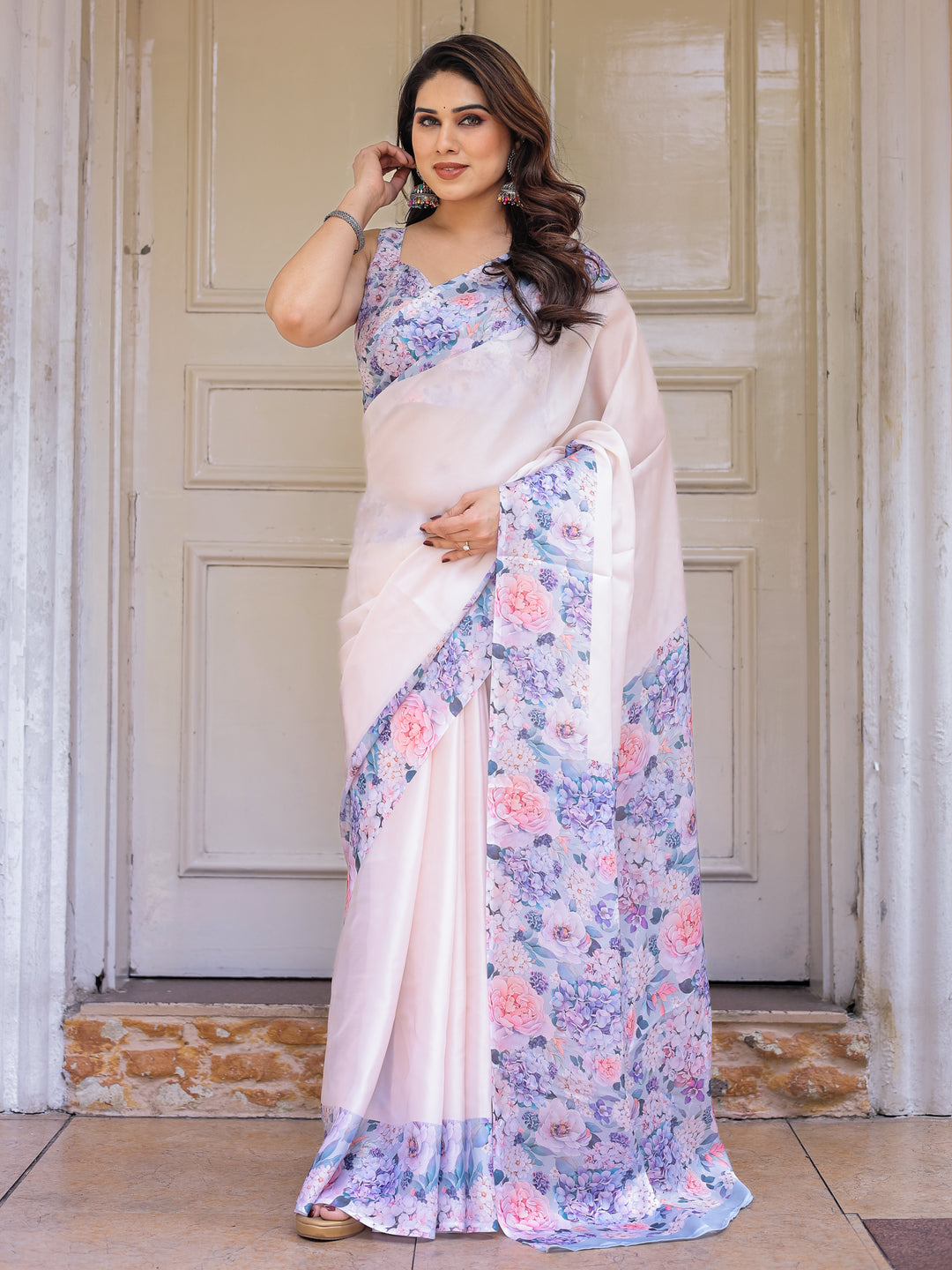 Blush Pink Floral Printed Satin Georgette Saree with Matching Blouse – Soft Elegant Festive & Party Wear