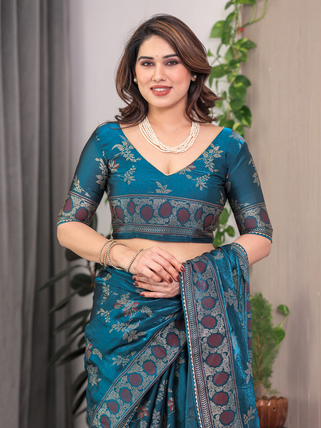 Elegant Teal Blue Fendi Satin Block & Foil Print Saree with Floral Motifs, Attached Blouse & Tassel Pallu