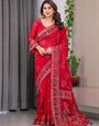 Crimson Red Fendi Satin Block & Foil Print Saree with Traditional Motif Border & Tassel Finish Blouse