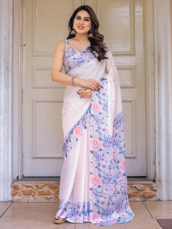 Blush Pink Floral Printed Satin Georgette Saree with Matching Blouse – Soft Elegant Festive & Party Wear
