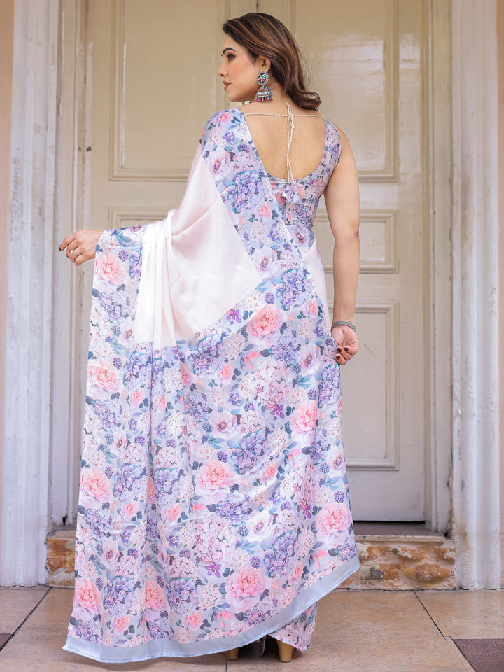 Blush Pink Floral Printed Satin Georgette Saree with Matching Blouse – Soft Elegant Festive & Party Wear