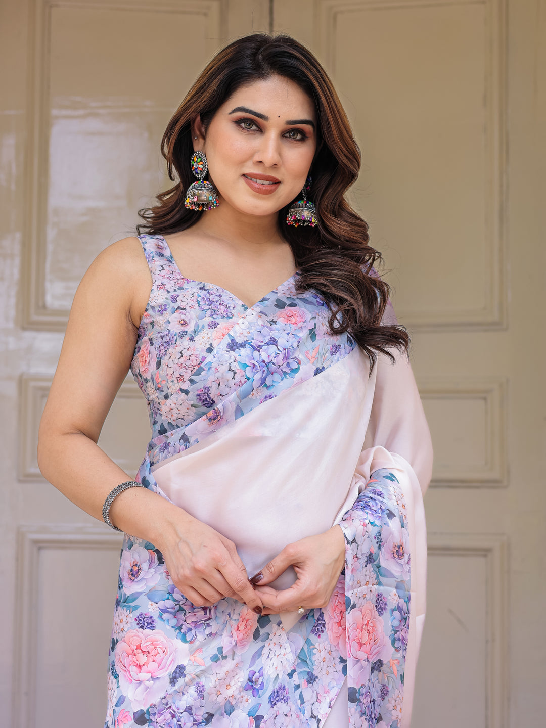 Blush Pink Floral Printed Satin Georgette Saree with Matching Blouse – Soft Elegant Festive & Party Wear