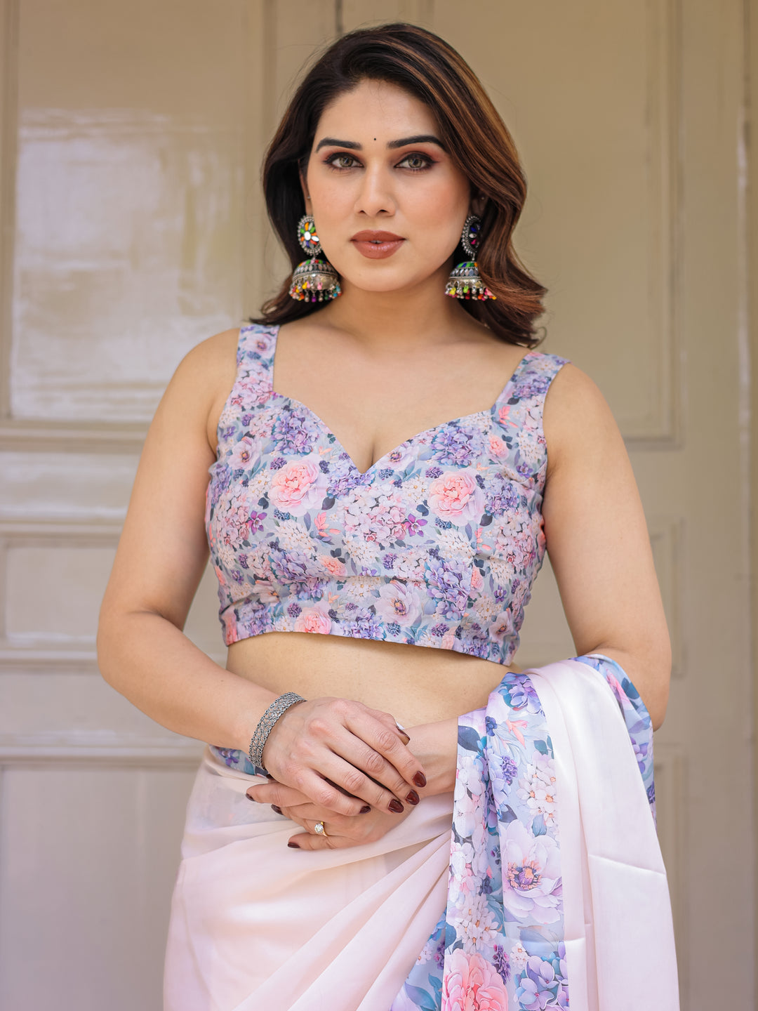 Blush Pink Floral Printed Satin Georgette Saree with Matching Blouse – Soft Elegant Festive & Party Wear