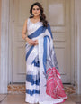 White & Steel Blue Abstract Floral Printed Satin Georgette Saree with Matching Blouse – Modern Party & Evening Wear