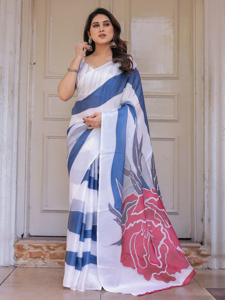 White & Steel Blue Abstract Floral Printed Satin Georgette Saree with Matching Blouse – Modern Party & Evening Wear