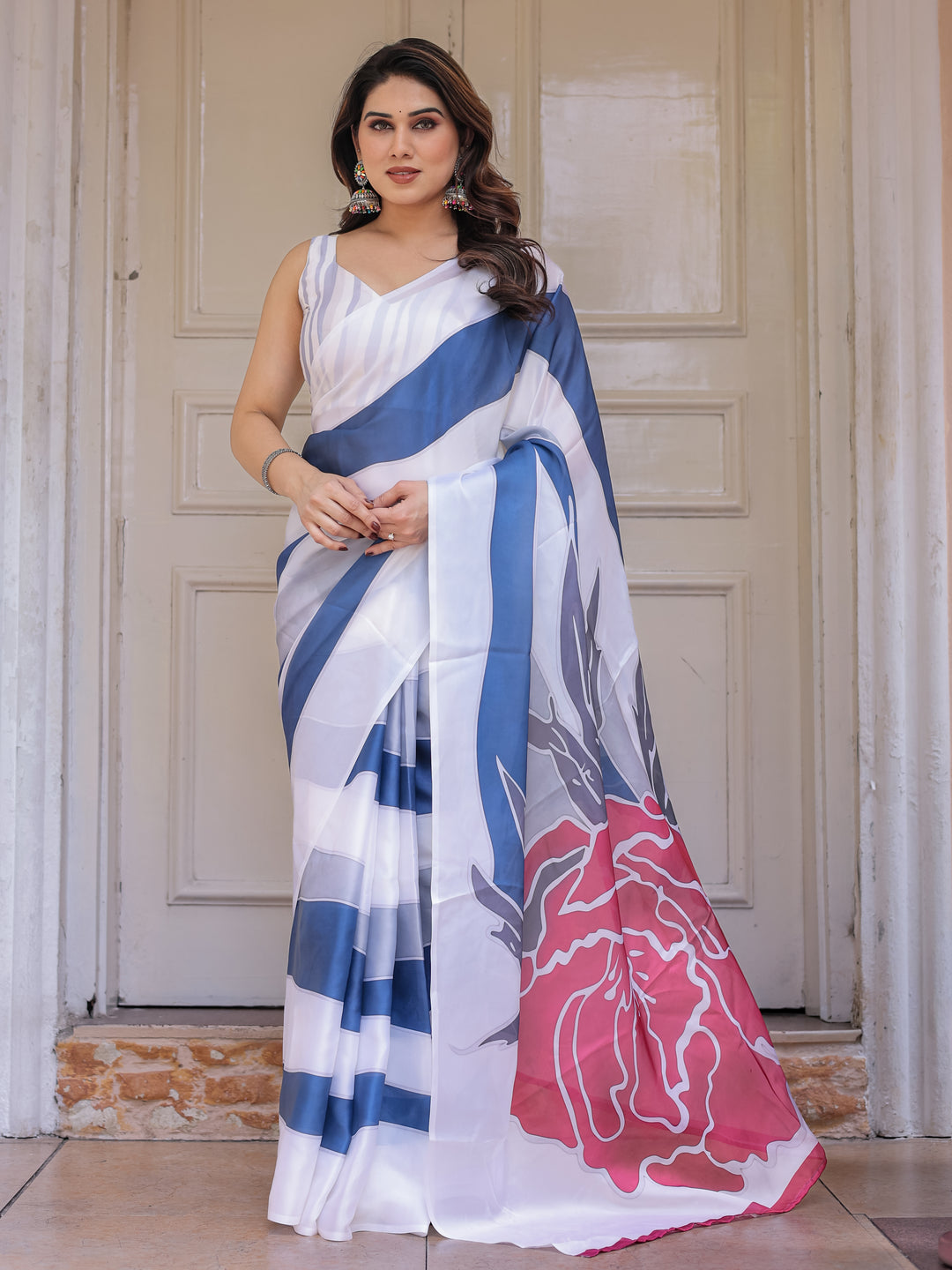 White & Steel Blue Abstract Floral Printed Satin Georgette Saree with Matching Blouse – Modern Party & Evening Wear