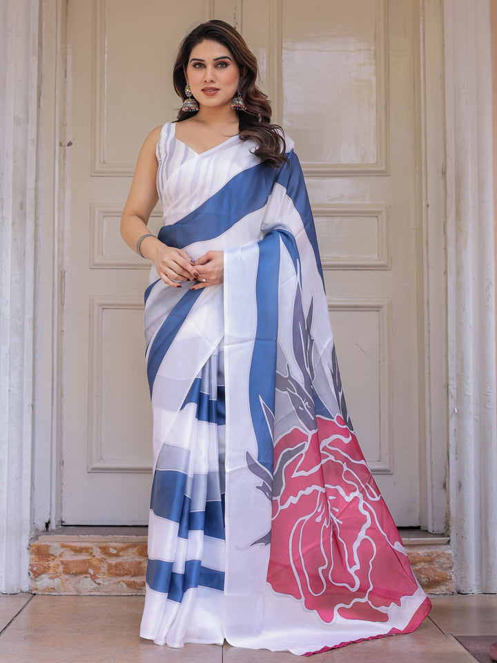 White & Steel Blue Abstract Floral Printed Satin Georgette Saree with Matching Blouse – Modern Party & Evening Wear