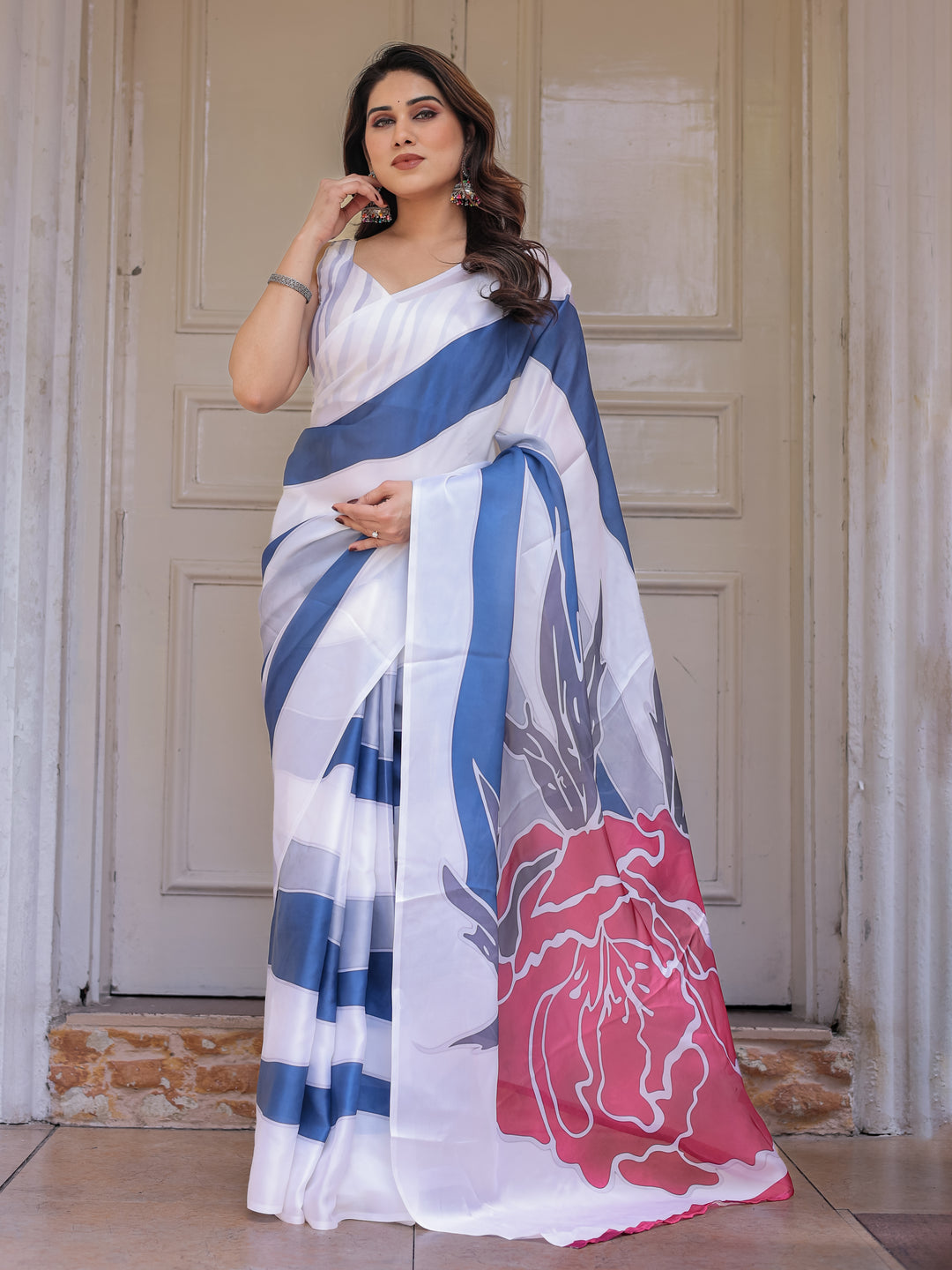 White & Steel Blue Abstract Floral Printed Satin Georgette Saree with Matching Blouse – Modern Party & Evening Wear