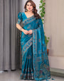 Teal Peacock Blue Fendi Satin Block & Foil Print Saree with Traditional Motif Border & Tassel Detail Blouse