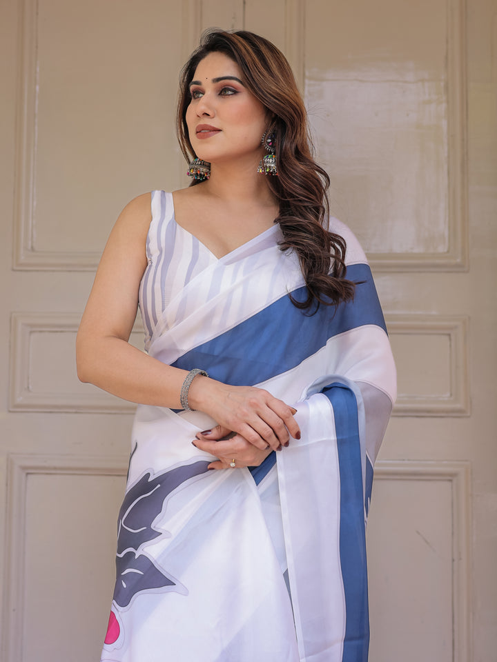 White & Steel Blue Abstract Floral Printed Satin Georgette Saree with Matching Blouse – Modern Party & Evening Wear
