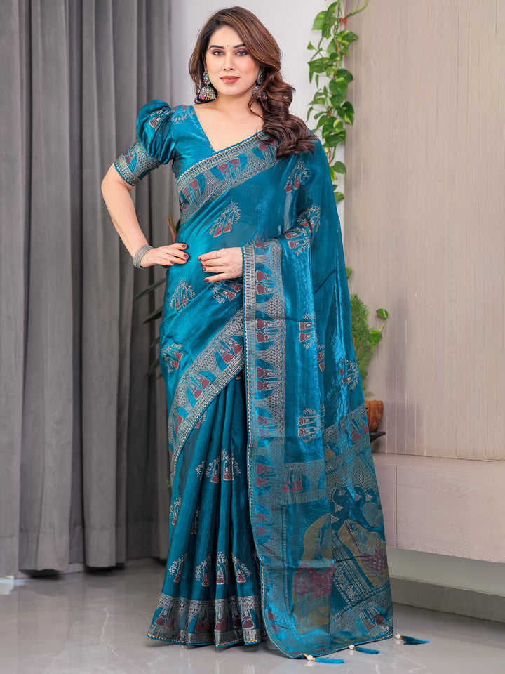 Teal Peacock Blue Fendi Satin Block & Foil Print Saree with Traditional Motif Border & Tassel Detail Blouse