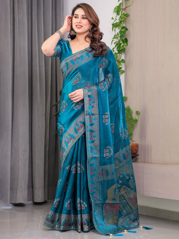 Teal Peacock Blue Fendi Satin Block & Foil Print Saree with Traditional Motif Border & Tassel Detail Blouse