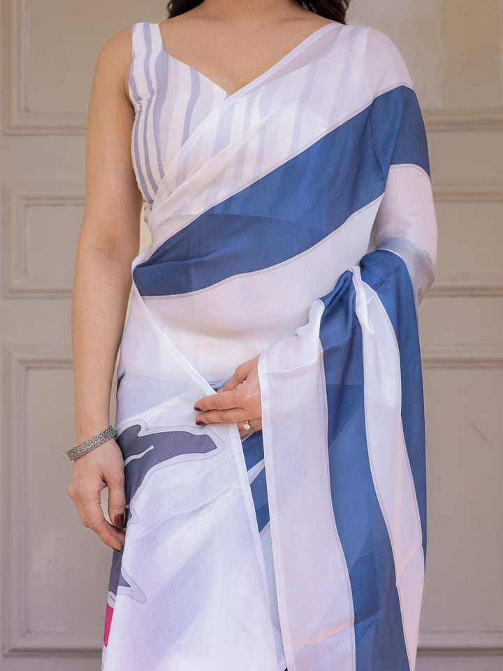 White & Steel Blue Abstract Floral Printed Satin Georgette Saree with Matching Blouse – Modern Party & Evening Wear