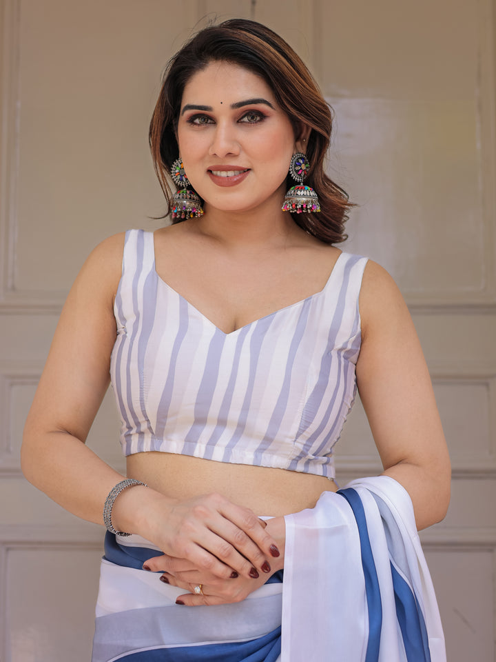 White & Steel Blue Abstract Floral Printed Satin Georgette Saree with Matching Blouse – Modern Party & Evening Wear