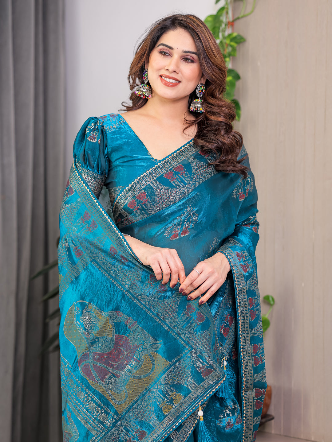 Teal Peacock Blue Fendi Satin Block & Foil Print Saree with Traditional Motif Border & Tassel Detail Blouse