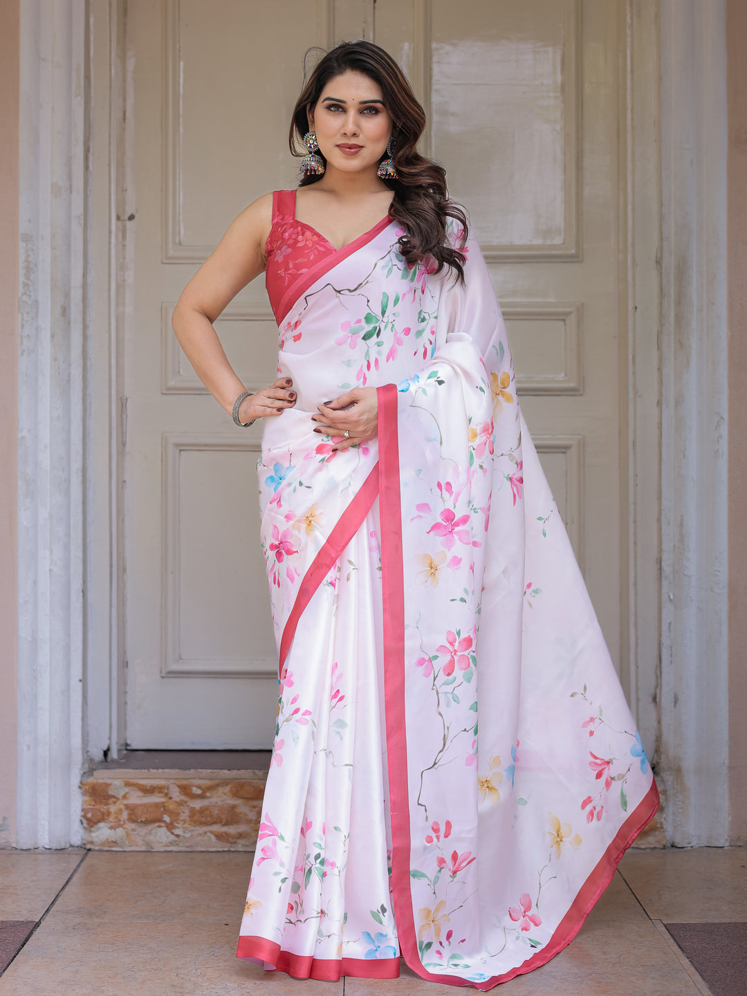 White Pastel Blossom Printed Satin Georgette Saree with Contrast Pink Border & Matching Blouse – Elegant Day & Party Wear
