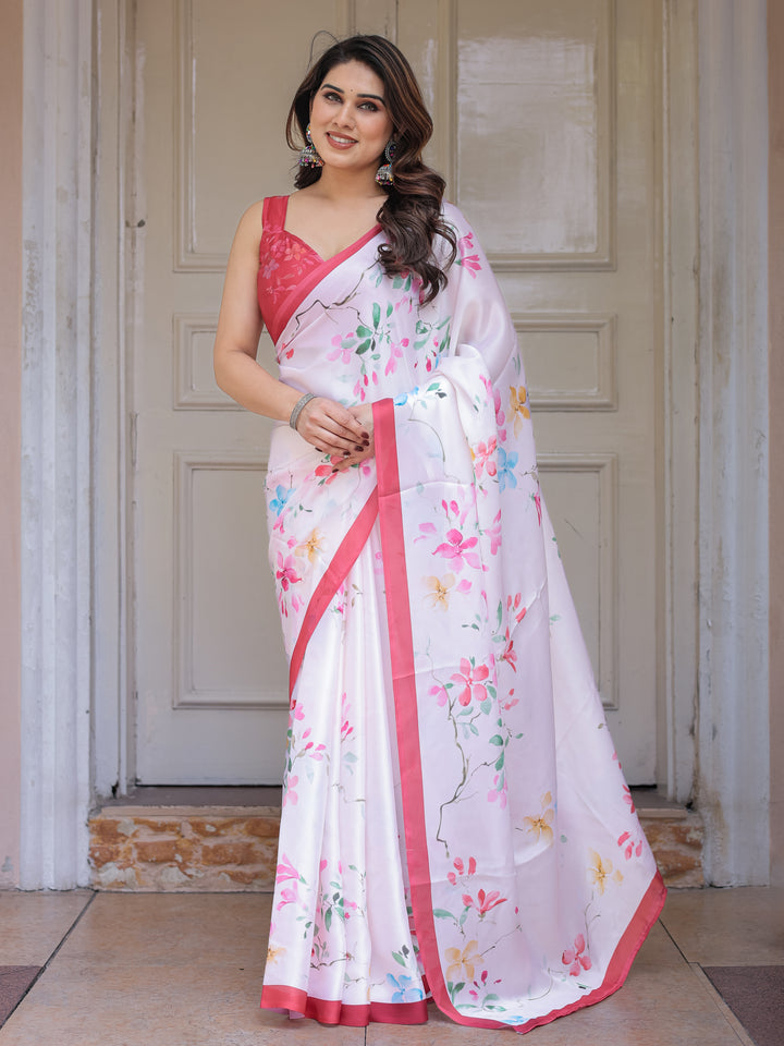 White Pastel Blossom Printed Satin Georgette Saree with Contrast Pink Border & Matching Blouse – Elegant Day & Party Wear