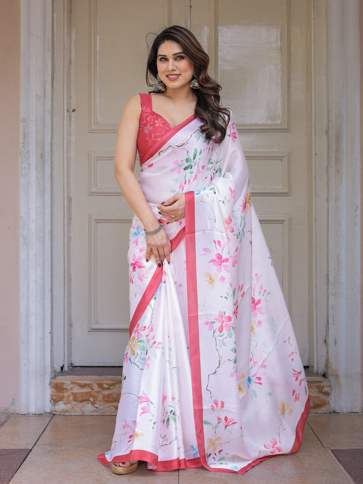 White Pastel Blossom Printed Satin Georgette Saree with Contrast Pink Border & Matching Blouse – Elegant Day & Party Wear