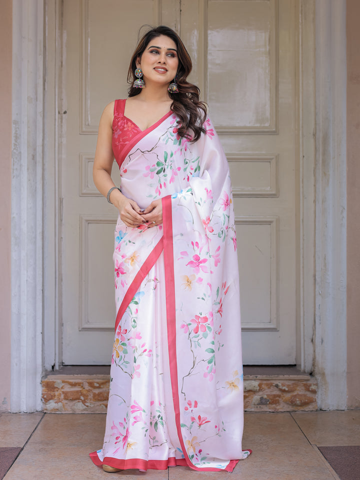 White Pastel Blossom Printed Satin Georgette Saree with Contrast Pink Border & Matching Blouse – Elegant Day & Party Wear
