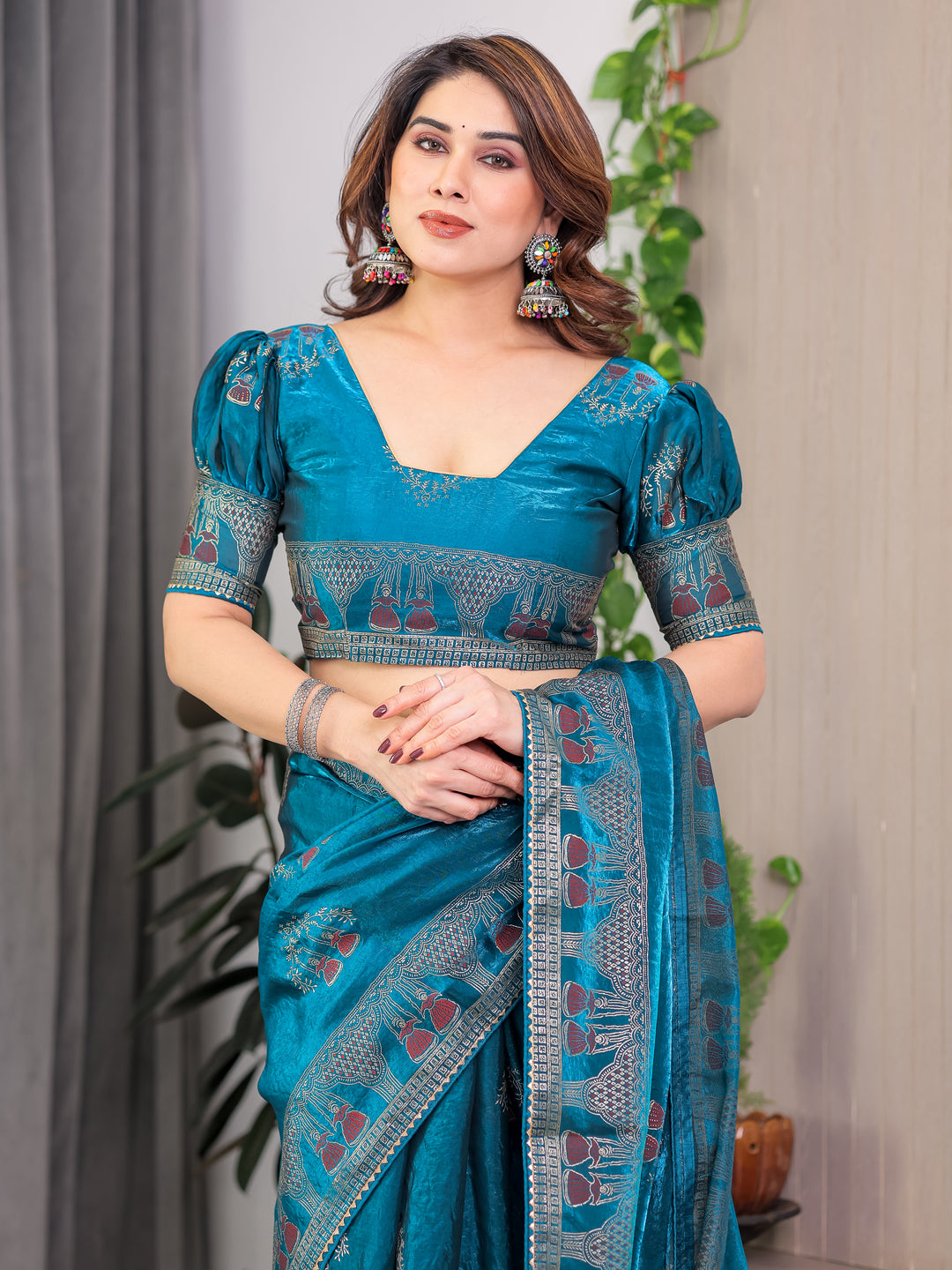 Teal Peacock Blue Fendi Satin Block & Foil Print Saree with Traditional Motif Border & Tassel Detail Blouse