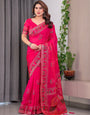 Rani Pink Fendi Satin Block & Foil Print Saree with Traditional Motif Border & Tassel Detail Blouse