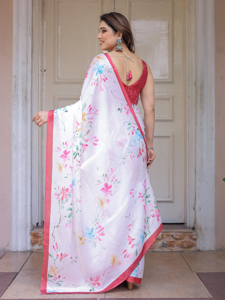 White Pastel Blossom Printed Satin Georgette Saree with Contrast Pink Border & Matching Blouse – Elegant Day & Party Wear