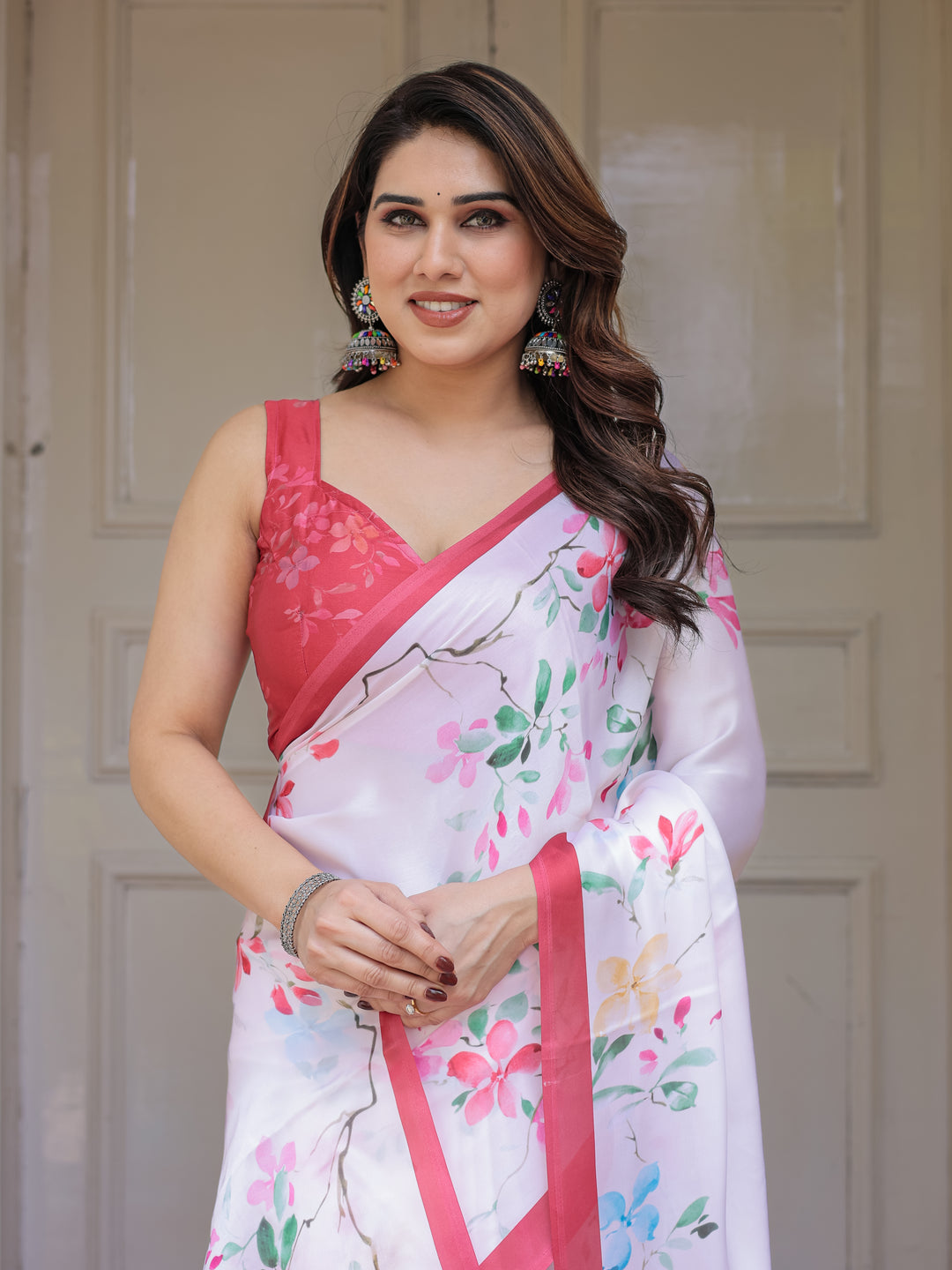 White Pastel Blossom Printed Satin Georgette Saree with Contrast Pink Border & Matching Blouse – Elegant Day & Party Wear