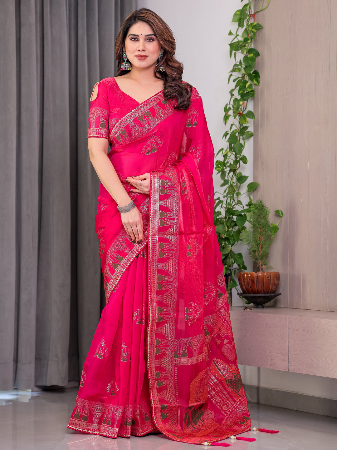 Rani Pink Fendi Satin Block & Foil Print Saree with Traditional Motif Border & Tassel Detail Blouse