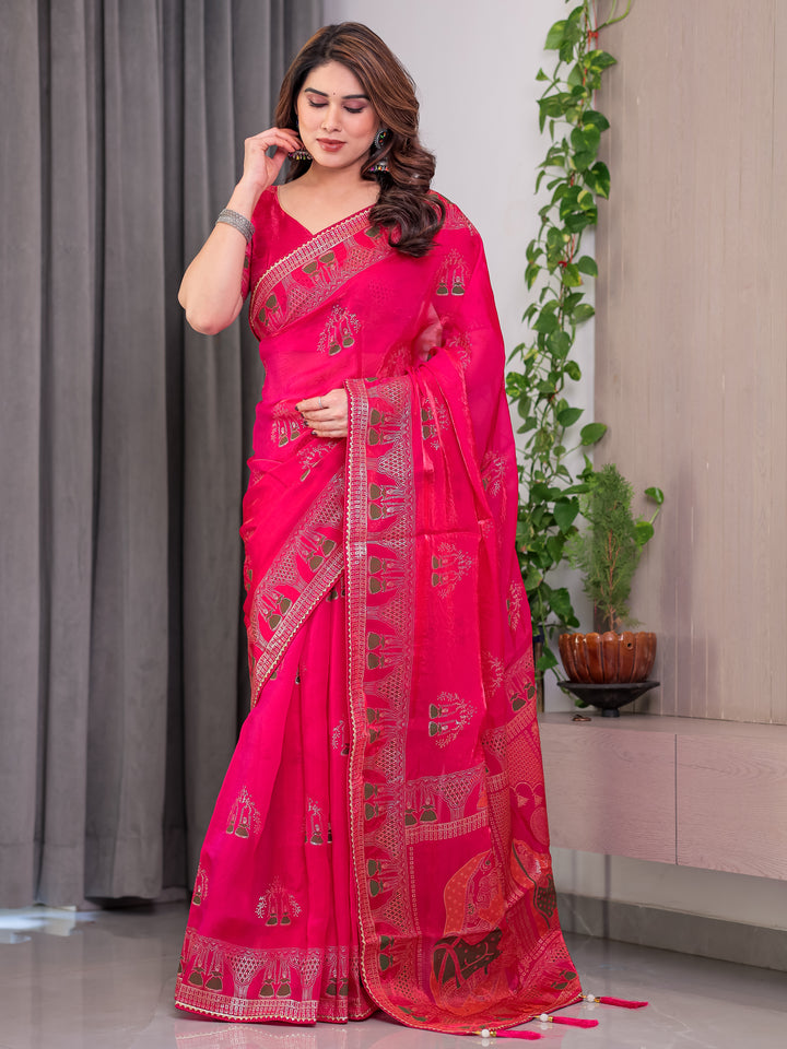Rani Pink Fendi Satin Block & Foil Print Saree with Traditional Motif Border & Tassel Detail Blouse