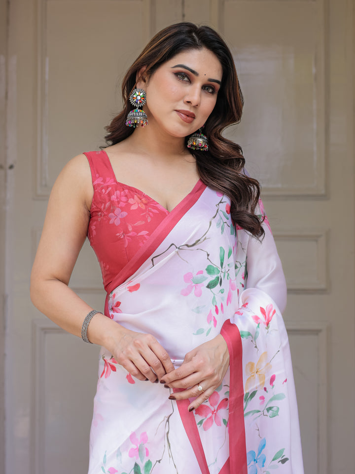 White Pastel Blossom Printed Satin Georgette Saree with Contrast Pink Border & Matching Blouse – Elegant Day & Party Wear