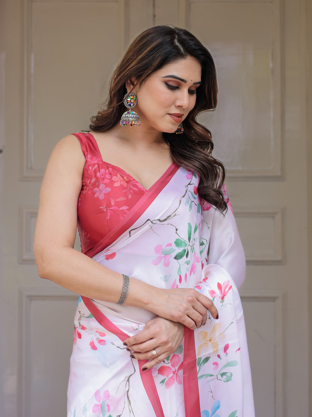White Pastel Blossom Printed Satin Georgette Saree with Contrast Pink Border & Matching Blouse – Elegant Day & Party Wear