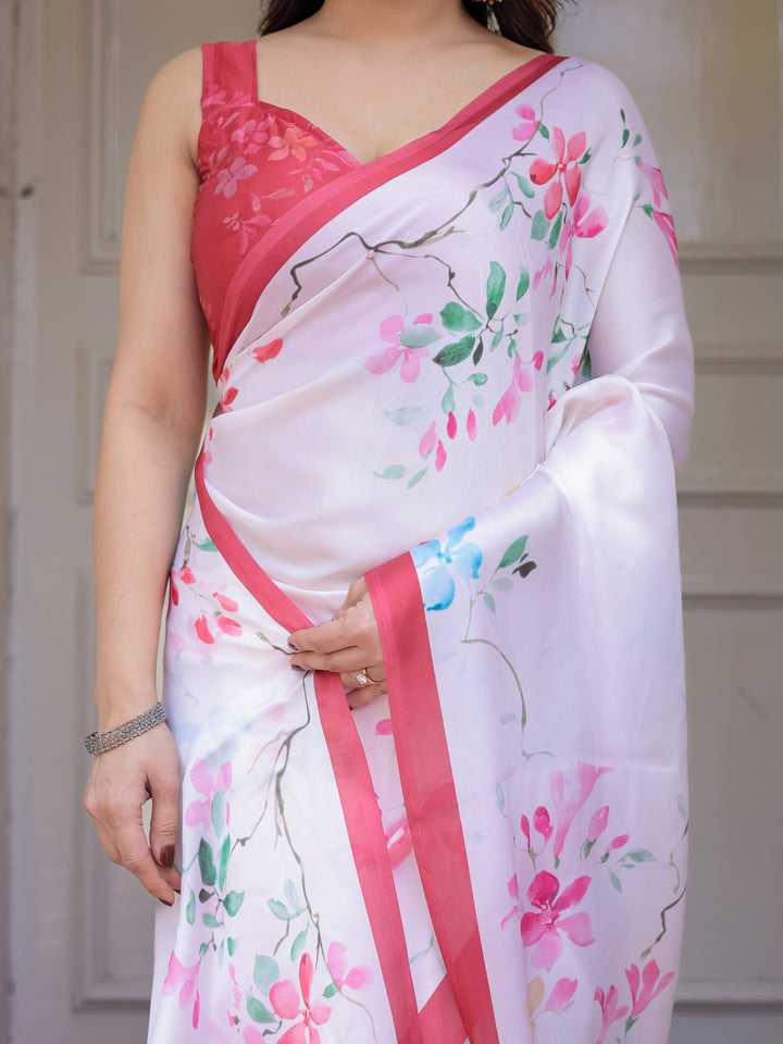 White Pastel Blossom Printed Satin Georgette Saree with Contrast Pink Border & Matching Blouse – Elegant Day & Party Wear