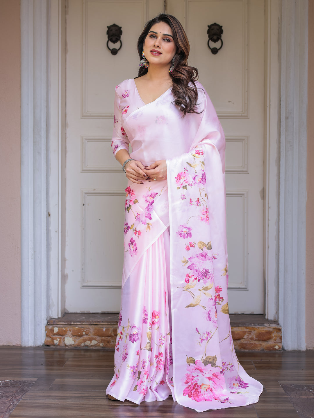 Baby Pink Floral Printed Satin Georgette Saree with Matching Blouse – Soft Romantic Party & Day Wear