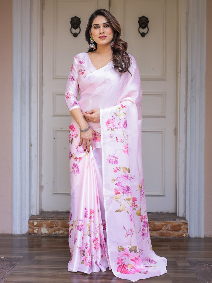 Baby Pink Floral Printed Satin Georgette Saree with Matching Blouse – Soft Romantic Party & Day Wear