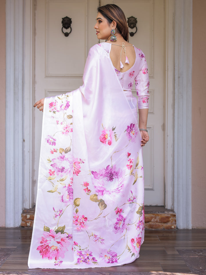 Baby Pink Floral Printed Satin Georgette Saree with Matching Blouse – Soft Romantic Party & Day Wear