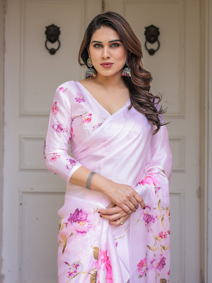 Baby Pink Floral Printed Satin Georgette Saree with Matching Blouse – Soft Romantic Party & Day Wear