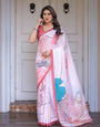 Pastel Pink Abstract Floral Printed Satin Georgette Saree with Contrast Coral Border & Matching Blouse – Modern Elegant Wear