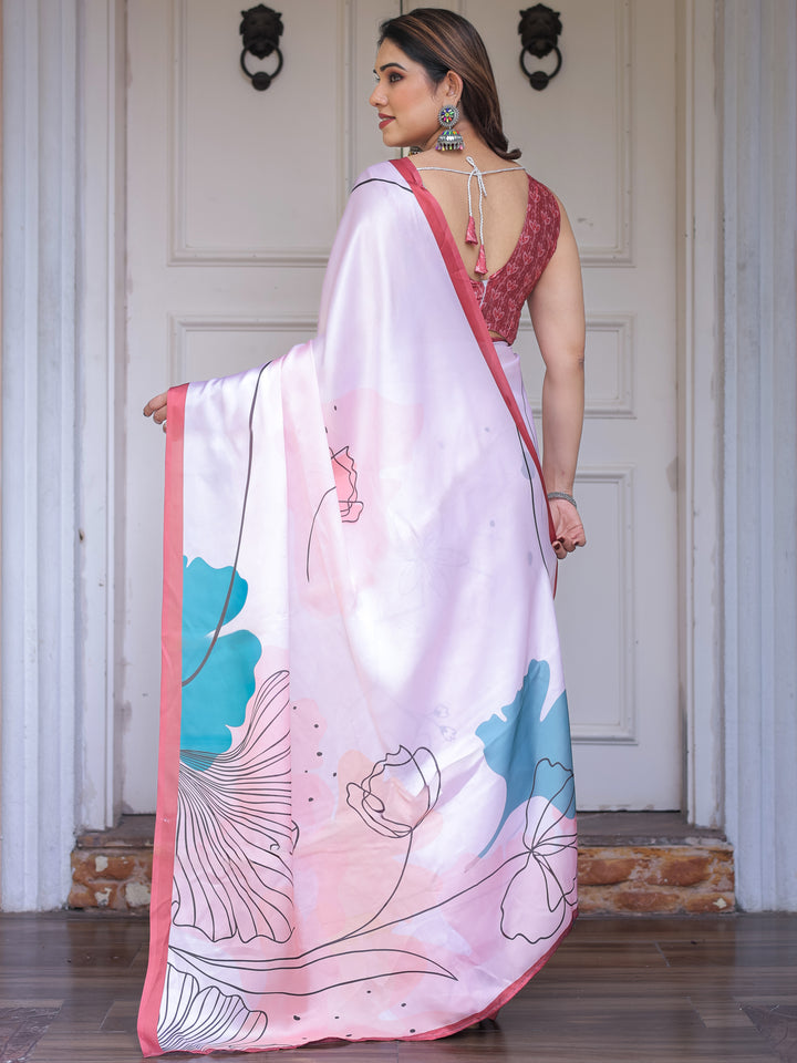 Pastel Pink Abstract Floral Printed Satin Georgette Saree with Contrast Coral Border & Matching Blouse – Modern Elegant Wear