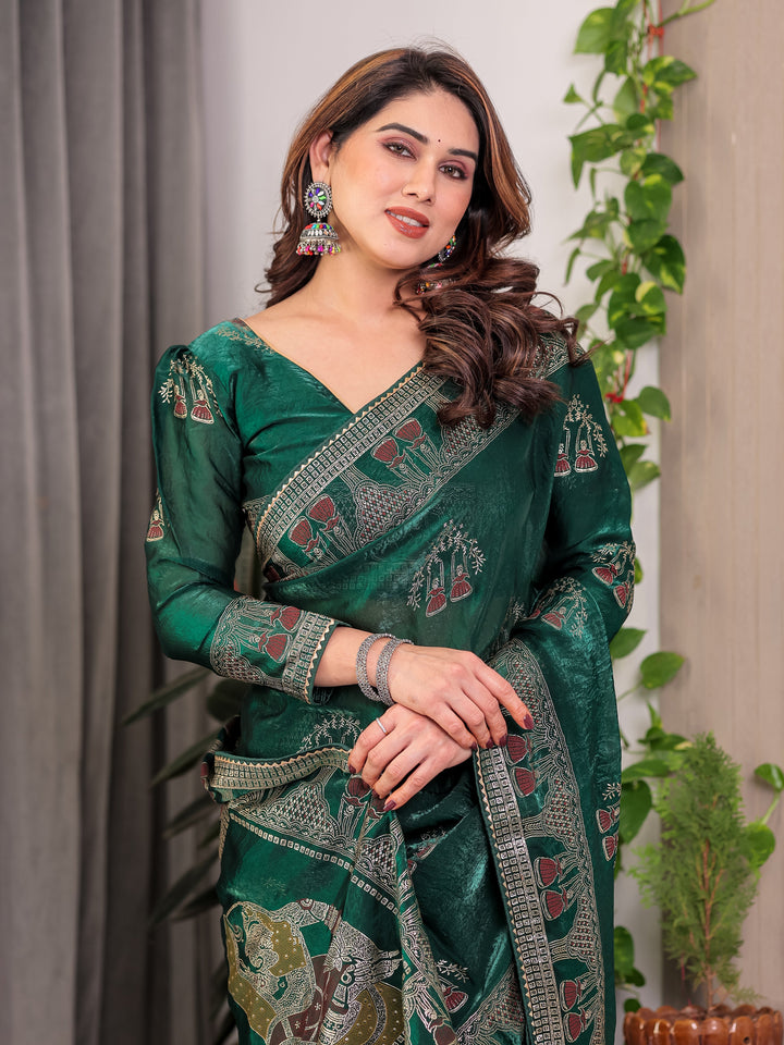 Emerald Green Fendi Satin Block & Foil Print Saree with Heritage Motif Border & Tassel Detail Blouse