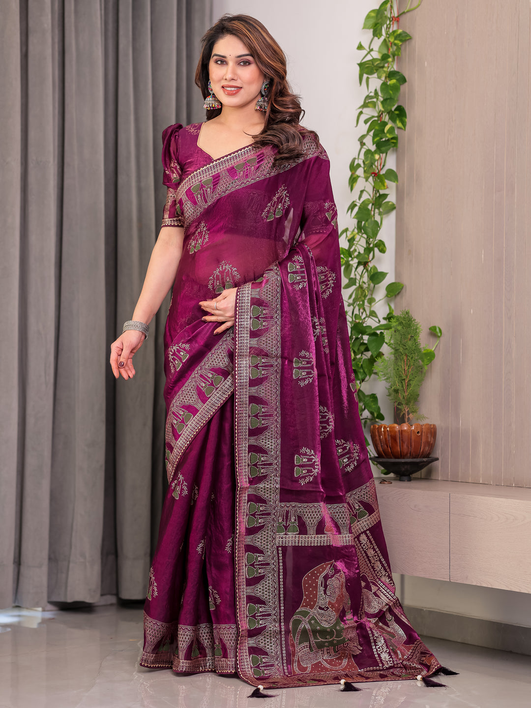 Wine Plum Fendi Satin Block & Foil Print Saree with Traditional Motif Border & Tassel Detail Blouse