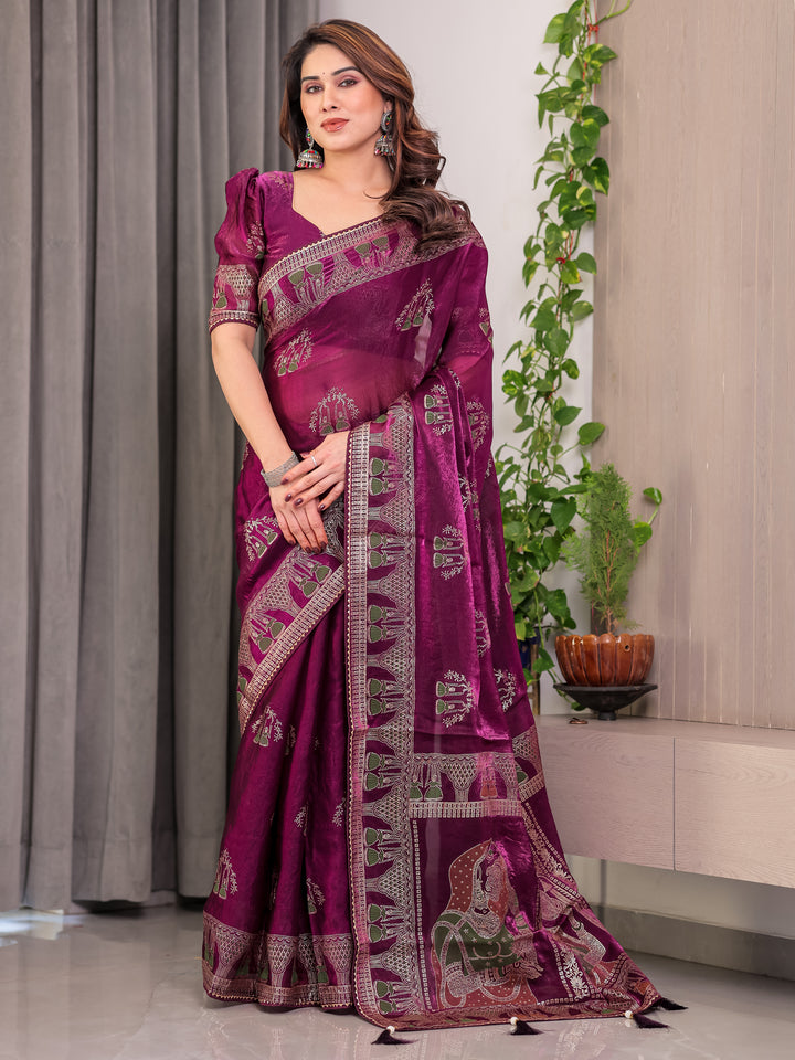 Wine Plum Fendi Satin Block & Foil Print Saree with Traditional Motif Border & Tassel Detail Blouse