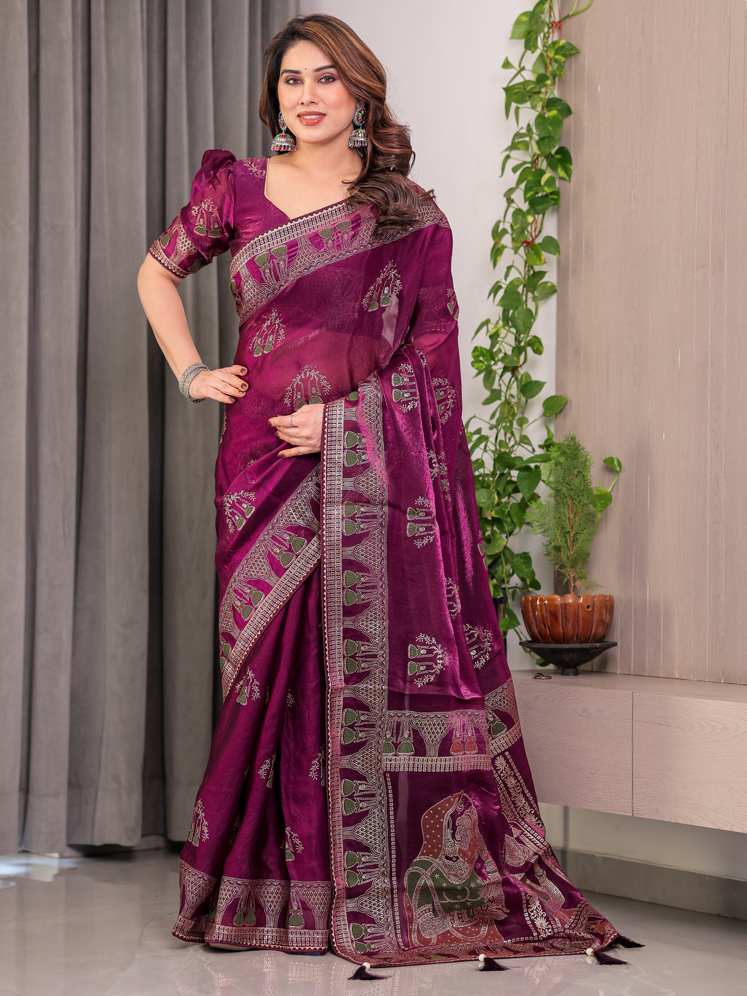 Wine Plum Fendi Satin Block & Foil Print Saree with Traditional Motif Border & Tassel Detail Blouse