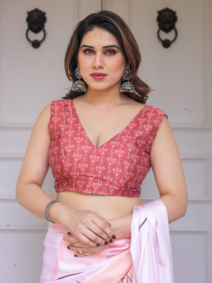 Pastel Pink Abstract Floral Printed Satin Georgette Saree with Contrast Coral Border & Matching Blouse – Modern Elegant Wear