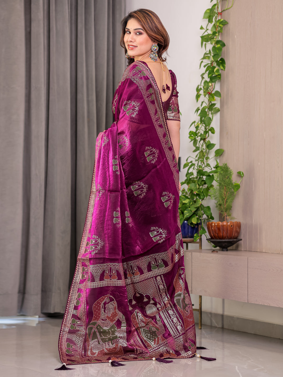 Wine Plum Fendi Satin Block & Foil Print Saree with Traditional Motif Border & Tassel Detail Blouse
